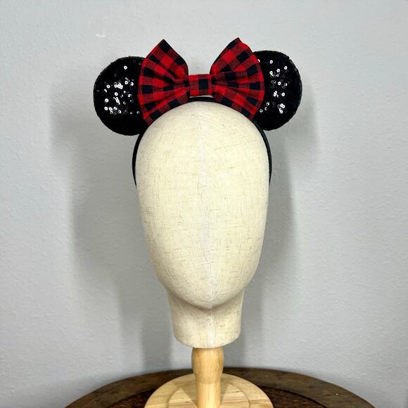 Christmas Red & Black Buffalo Plaid Minnie Ears | Disney-Inspired Holiday Ears - Picture 2 of 5